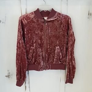 Dusty Rose crushed velvet zip bomber jacket